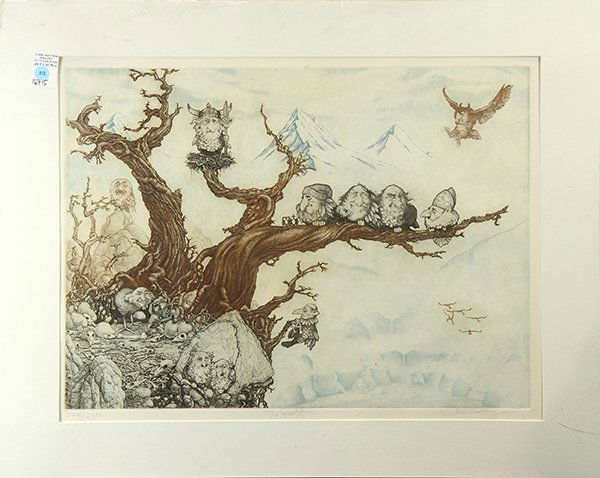 Print by Charles Bragg: Charles Bragg (American, b. 1931), "The Roost," color etching, pencil signed lower right, titled lower center, edition 224/250, overall (w/matting): 24.5"h x 30.75"w