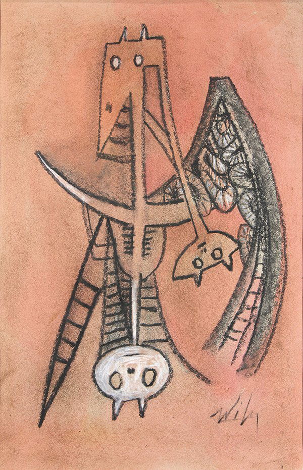 Drawing Attributed to Wilfredo Lam: Attributed to Wilfredo Lam (Cuban, 1902-1982), Untitled (Totem), mixed media on paper, bears signature lower right, sheet: 18"h x 11.25"w, overall (with matting): 23.25"h x 17"w