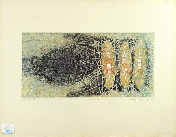 Prints by Krishna Reddy: (lot of 2) Krishna Reddy (American, b. 1925), "Three Graces," and "Demonstrators," color etchings with intaglio, each pencil signed lower right, each titled center, overalls (unframed/each): 20"h x 26