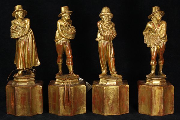(lot of 4) French giltwood carved figural groups, 19th: (lot of 4) French giltwood carved figural groups, 19th century, depicting the Four Seasons, comprising Spring, Summer, Autumn, and Winter, personified as men and women, each wearing a top hat, and sta