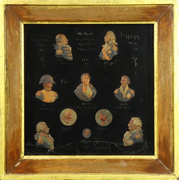 Edward William Wyon (1811-1885), Ten 'Battle of: Edward William Wyon (1811-1885), Ten 'Battle of Trafalgar' portraits, each bust executed in painted wax, mounted in one frame, including portraits of Napoleon Bonaparte, Arthur Duke of Wellington, and