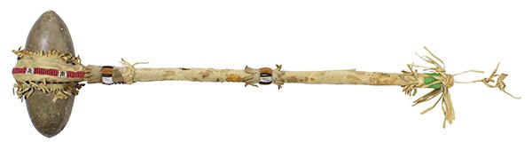 Plains Indian beaded war club: Plains Indian beaded war club, 19th century, having a double-point stone head wrapped in rawhide with a later native tanned bead decorated cover, surmounting a conforming bead decorated handle ending 