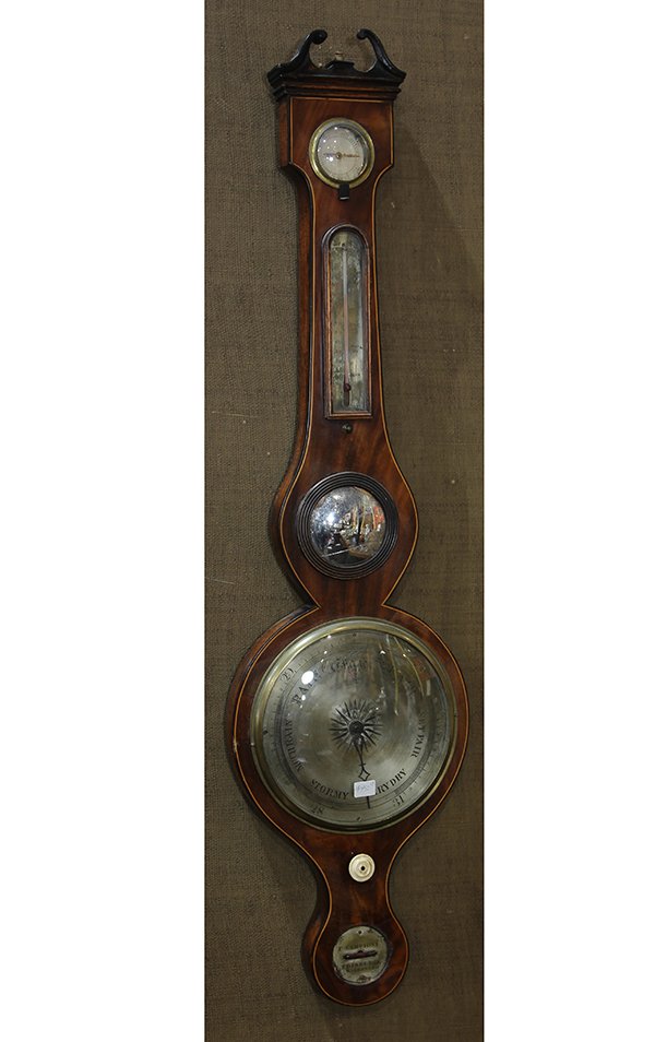 Scottish wheel barometer, early 19th century, by P: Scottish wheel barometer, early 19th century, by P. Campioni & Co., Edinburgh, executed in mahogany, including a thermometer, a convex mirror, and a humidity gauge, 38"h; Provenance: Thomas Livingston
