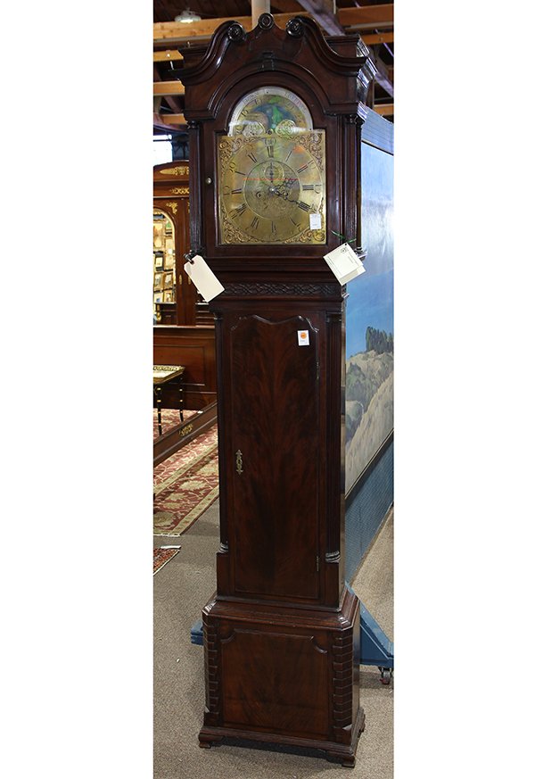 George III mahogany eight day tall case clock, by: George III mahogany eight day tall case clock, by Robert Brown of Liverpool, circa 1760, the hooded top having a single door, opening to the brass face with Roman numeral dial, flanked with reeded col