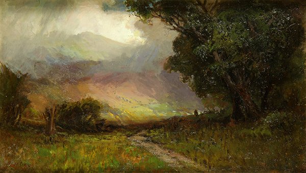 Arthur William Best (American, 1859-1935), "Stormy: Arthur William Best (American, 1859-1935), "Stormy Landscape (Mt. Tamalpais)," oil on canvas, signed lower left, Matthews Galleries (Lake Oswego, OR) label affixed verso, canvas: 14"h x 24"w, overall 
