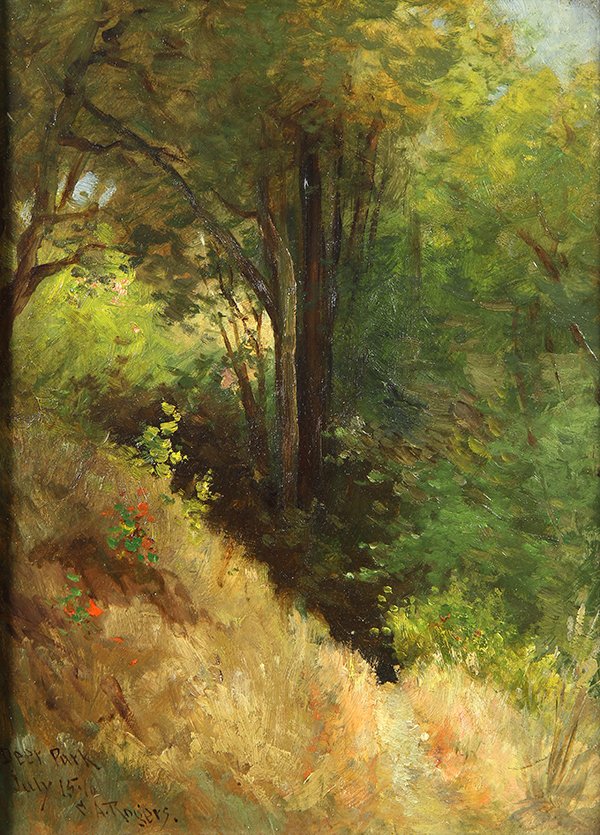 Painting, Charles Albert Rogers.: Charles Albert Rogers (American, 1848-1915), "Deer Park, Marin County," 1916, oil on board, signed, dated and titled lower left, board: 12"h x 9.5"w, overall (with frame): 14.5"h x 12"w