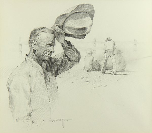Gary Lawrence Niblett (American, b: Gary Lawrence Niblett (American, b. 1943), "A Cowboy's Life," 1974, graphite on paper, signed lower center and dated, signed, titled, and dated verso, Texas Art Gallery label affixed verso, sight: 11.