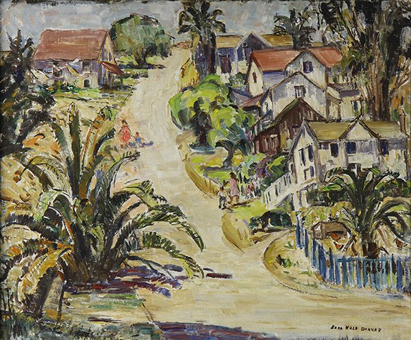 Painting, Sara Kolb Danner: Sara Kolb Danner (American, 1894-1969), "Sunny Hill Road, Santa Barbara, California," oil on board, signed lower right, board: 20"h x 25"w, overall (with frame): 27.5"h x 31.5"w