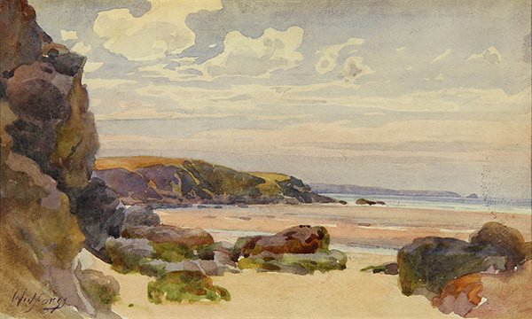Watercolor, Gunnar Mauritz Widforss: Gunnar Mauritz Widforss (American/Swedish, 1879-1934), Sunset on the Coast, watercolor, signed lower right, sight: 6.5"h x 11"w, overall (with frame): 16.5"h x 20.5"w