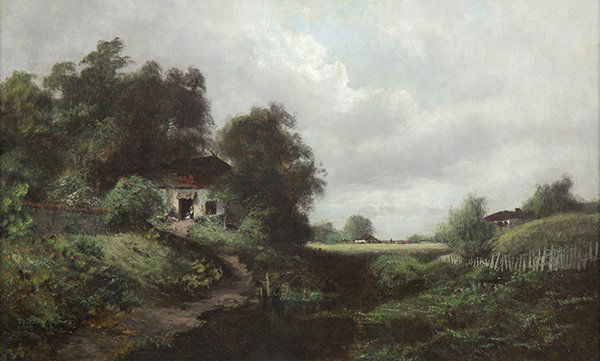 Painting, Louis Aston Knight: Louis Aston Knight (American, 1873-1948), Farm in Spring, oil on canvas, signed lower left, canvas: 22"h x 36"w, overall (with frame): 30"h x 43.75"w