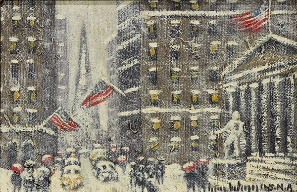 Painting, Guy Carleton Wiggins, Wall Street: Guy Carleton Wiggins (American, 1883-1962), "Wall Street," oil on canvas board, signed lower right and verso, titled and signed verso, board: 5"h x 7"w, overall (with frame): 11"h x 13"w