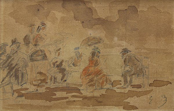 Watercolor, Attributed to Eugene Boudin: Attributed to Eugene Boudin (French, 1824-1898), Figures on the Beach, watercolor, bears initials lower right, sight: 4"h x 6"w, overall (with frame): 11.75"h x 13.25"w