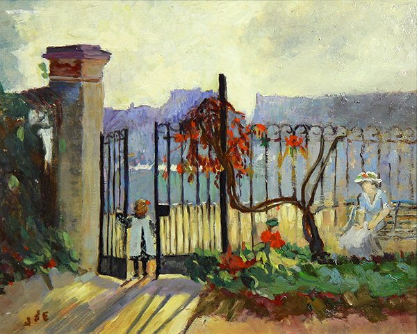 Painting, Georges d'Espagnat: Georges d'Espagnat (French, 1870-1950), Maman et ses deux enfants dans un parc sur la Seine, oil on board, initialed lower left, board: 8.5"h x 10.75"w, overall (with frame): 13"h x 15"w