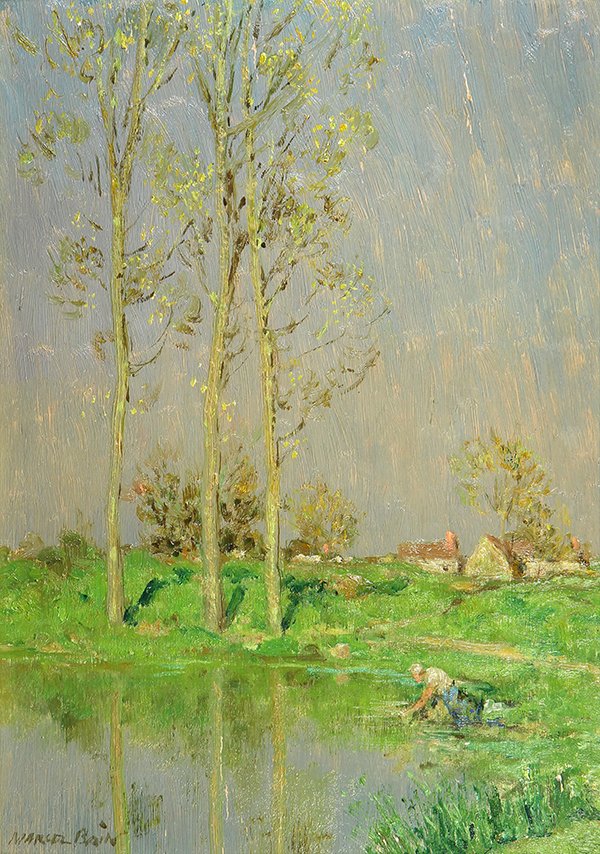 Painting, Marcel Adolphe Bain: Marcel Adolphe Bain (French, 1878-1937), "Printemps," oil on panel, signed lower left, panel: 13"h x 9.25"w, overall (with frame): 16.25"h x 12.5"w