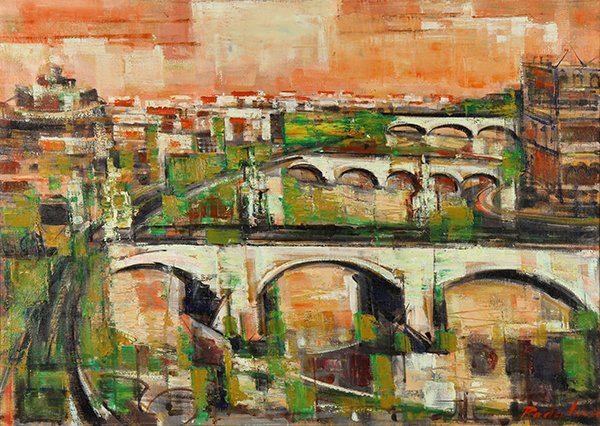 Painting, Savo (Stanley) Radulovich: Savo (Stanley) Radulovich (American/Yugoslavian, 1907), City Waterway at Sunset, oil on canvas, signed lower right, canvas: 19.25"h x 27.25"w, overall (with frame): 26.25"h x 34.25"w