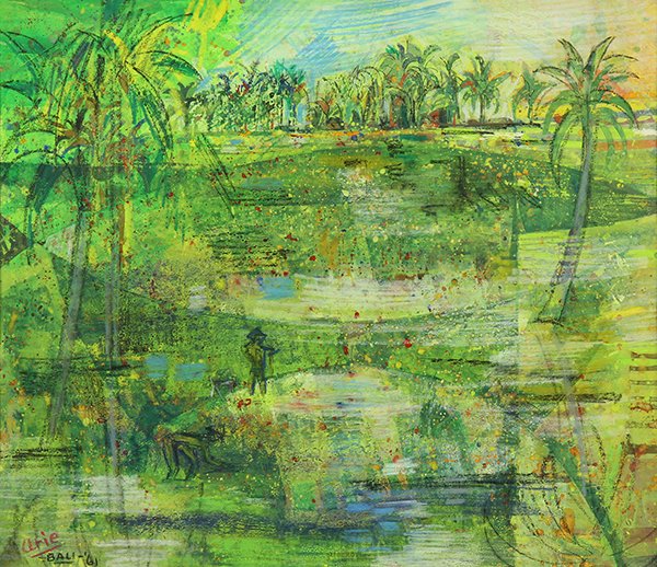 Mixed media, attributed to Arie Smit: Attributed to Arie Smit (Indonesian, b. 1916), Untitled (Village Scene), 1961, mixed media on paper, bears signature and date lower left, sheet: 16.5"h x 19.5"w, overall (with frame): 22"h x 25.25"w