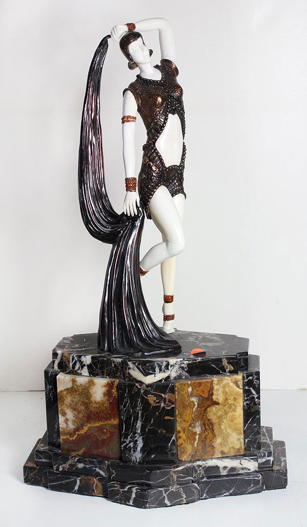 Bronze, after Demetre Chiparus: After Demetre Chiparus (1886-1947), Untitled -Yambo, circa 1925, patinated and cold-painted bronze atop a marble plinth, signed top left of plinth, 22.75"h x 13.5"w x 9"d