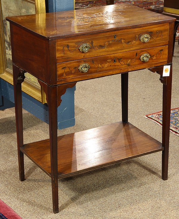 George III mahogany and marquetry work table: George III mahogany and marquetry work table, early 19th century, the hinged top decorated with a flower basket and geometric accents, fronting the blind drawer and single drawer case, surmounting the