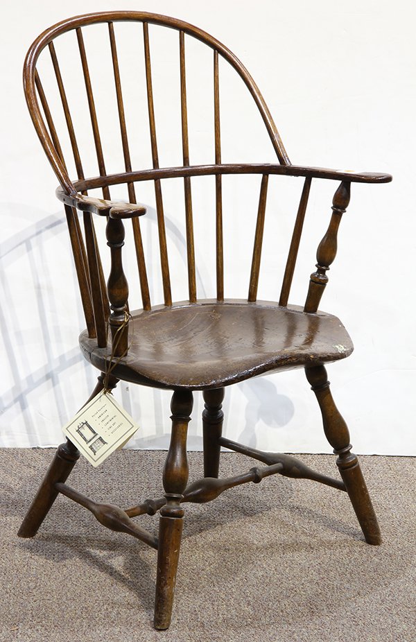 American sack back Windsor armchair, possibly: American sack back Windsor armchair, possibly Philadelphia 1770-1790, having knuckle form rests and rising on boldly turned legs conjoined by the H stretcher, 36.5"h x 20"w; Provenance: Thomas Livings