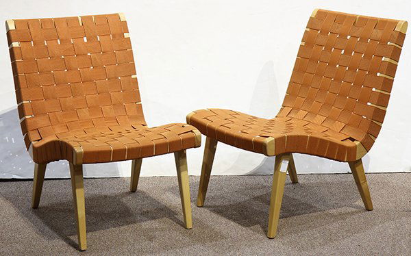 Pair of Jens Risom armless lounge chairs: Pair of Jens Risom armless lounge chairs, each having a blonde wood frame wtih terracotta nylon webbing, this is a current Knoll production of the iconic 1941 Design design for Knoll, International, 3