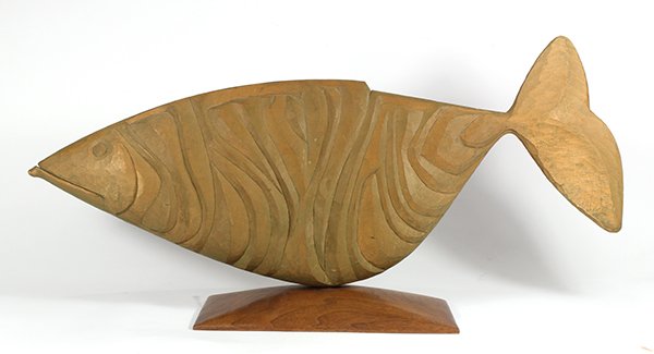 Moderne carved wood figural fish sculpture by David: Moderne carved wood figural fish sculpture by David Barnes, Mendocino, California, the iconic form having a carved abstract designed body, and rising on a walnut base, 15"h x 30"w