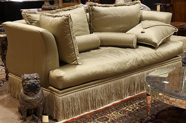 (lot of 4) Moderne living room suite in silvered gold: (lot of 4) Moderne living room suite in silvered gold silk, consisting of a sofa, 35"h x 80"w x 42"d, and two chairs, 34.5"h x 33.5"w x 40.5"d, each having a square profile and a fringe border, the ot