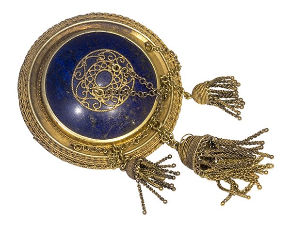 Victorian lapis lazuli gold-plated pendant-brooch: Victorian lapis lazuli gold-plated pendant-brooch centering a large round cabochon lapis lazuli measuring approximately 47 mm, set in a Greek revival gold plated tassel mounting, 14k yellow gold latch
