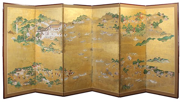 Japanese Six Panel Screen 19c.: Japanese six-panel byobu screen, 19th century, gilt and color on paper, landscape depicting the activities of the nobles, commoners and travelers in the Edo period, approx. 67"h x 24.5/25.5"w (each pa