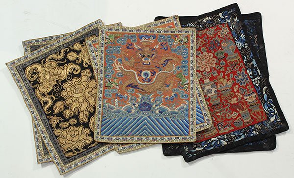 Six Chinese Embroidered Panels: (lot of 6) Chinese embroidered panels, a pair with gilt couched dragons amid clouds above a lishui border; another pair with gilt couched butterflies and peonies on a black ground; together with a pai