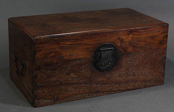 Chinese Huanghuali Box: Chinese huanghuali wood box, with a hinged lid, circular lock plate with ruyi form flap, the side with U shaped handels, 9"h x 19.5"w x 10.75"d