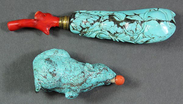 Two Chinese Turquoise Snuff Bottles: (lot of 2) Chinese turquoise snuff bottles, one of a squirrel seated on its haunches; the other in the form of a pea pod with tendrils, pea pod bottle (without stopper): 2.75"h