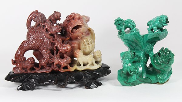 Chinese Malachite and Carnelian Figures: (lot of 2) Chinese malachite and carnelian sculptures, one with lions crouched on a hill; the other having a lion with many cubs including some on their back, playing with a ball, largest: 8.75"w