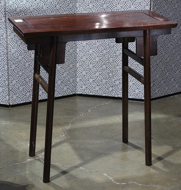 Chinese Wooden Side Table: Chinese hardwood side table, with a single floating top panel, with a plain apron and spandrels flanking the splayed supports, 27.25"h