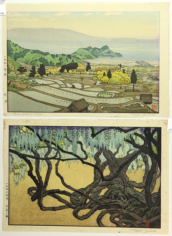 Japanese Woodblock Prints, Yoshida Toshi: (lot of 2) Yoshida Toshi (Japanese, 1911-1995), 'Wisteria at Ushijima' and 'Rice Field in Suizu', woodblock prints, lower right with the seal, lower margin with the signature and title, left margin wi