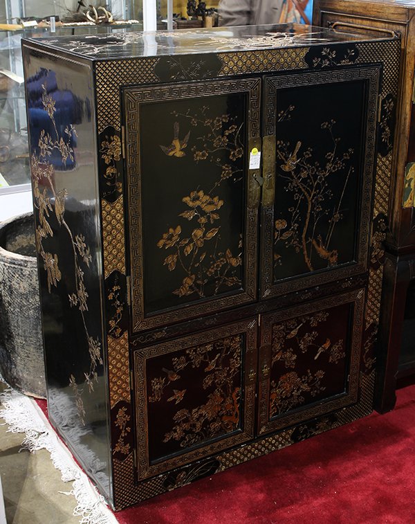 Chinese Gilt Lacquer Cabinet, Bird/Flower: Chinese gilt lacquered cabinet, fronted by two sets of double doors, carved with birds and flowers to the front, top and sides, with thunder and floral patterns to the edge of the doors (lacking back 