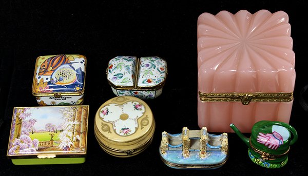 (lot of 7) Collection of Limoges and English polychrome: (lot of 7) Collection of Limoges and English polychrome painted pill boxes, some depicting scenic reserves, together with a French pink crystal box having a scalloped form, largest: 4"h x 3.5"w. Prove