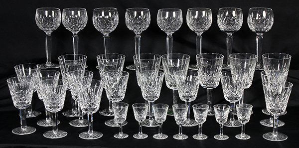 (lot of 34) Waterford Lismore stemware group: (lot of 34) Waterford Lismore stemware group, consisting of (7) each, water goblets, white wines, and cordials, (5) red wines, and (8) hock wines, 7"h