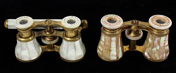 (lot of 2) Two pairs of French mother-of-pearl opera: (lot of 2) Two pairs of French mother-of-pearl opera glasses, each retaining original case, 3"h
