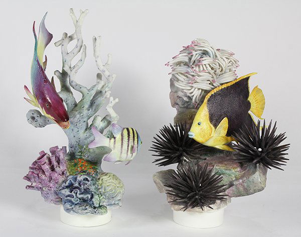 (lot of 2) Royal Worcester limited edition bisque: (lot of 2) Royal Worcester limited edition bisque porcelain figural groups, circa 1963, consisting of 'Rock Beauty' # 49, designed by R. Van Ruyckevelt, depicting an angel fish, sea urchins, and anemo