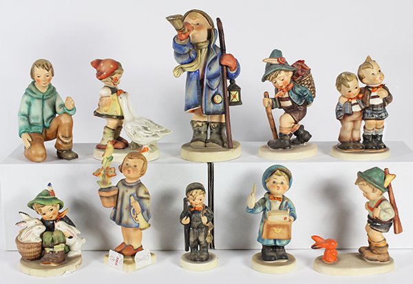 (lot of 9) Hummel bisque figurines, comprising: (lot of 9) Hummel bisque figurines, comprising "Congratulations' #17.0, TMK 2; 'Playmates' #58/0, TMK 3; 'Max & Moritz,' 123 TMK4; 'Chimney Sweep,' #122/0, TMK4; 'Goose Girl,' #47/0 TMK3; 'Postman,' #