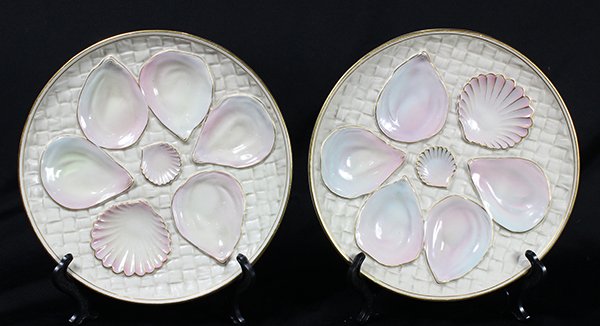 (lot of 2) Royal Worcester oyster plates, each having: (lot of 2) Royal Worcester oyster plates, each having five wells accented with pale pink to blue reserves, verso marked Royal Worcester, 8.5"w. Provenance: From the Pittsburgh, PA estate of Richard Me