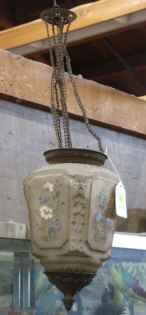 Victorian style frosted glass light fixture: Victorian style frosted glass light fixture, having a patinated metal frame with glass panels decorated with floral sprays, 27"h