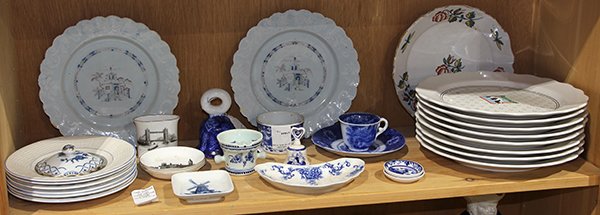 Porcelain group including 18th century Delft and French: (lot of 15) Porcelain group including 18th century Delft and French faience plates; flow blue demitasse bell, cup and saucer; French cabinet plates; Delft mustache cup; together with Vandor Country Co