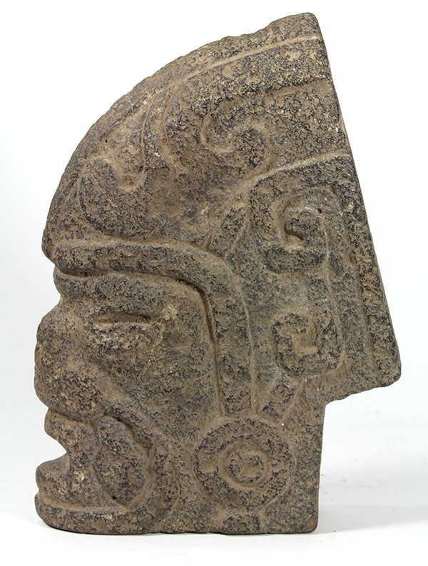 Pre-Columbian style stone hacha, depicting the: Pre-Columbian style stone hacha, depicting the Mayan/Vera Cruz Mexico area, possibly AD600-900, 12.5"h x 9"w