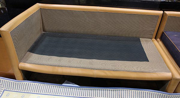 Vintage Fendi Casa furniture group, consisting of left: (lot of 2) Vintage Fendi Casa left and right hand chaise lounges that can be combined into a long sofa, each having a leather wrapped frame and blue fabric upholstery with matching leather piping, 34"