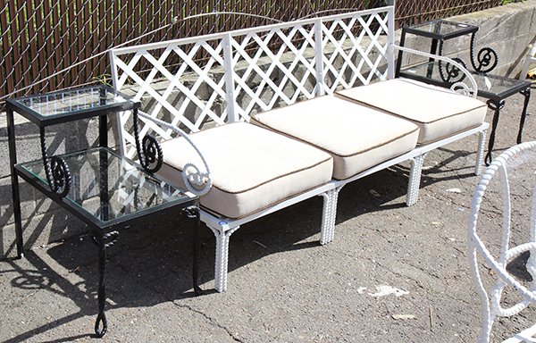 (lot of 10) Moderne white painted iron patio furniture,: (lot of 10) Moderne white painted iron patio furniture, each having rope turned arms and legs, consisting of a three seat sofa, 31"h x 71.5"w x 26"d, a pair of lounge chairs and side tables with inset