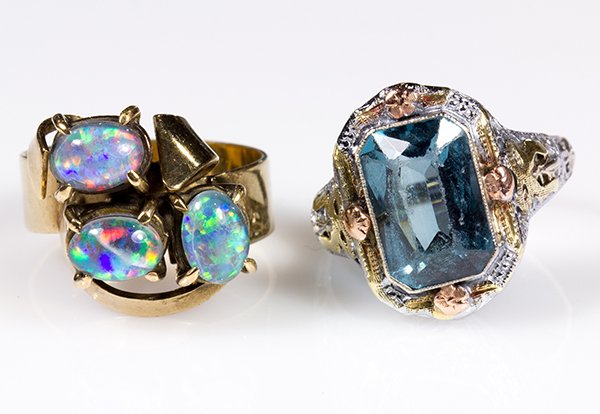 (Lot of 2) Gem and gold rings: (Lot of 2) Gem and gold rings comprised of one synthetic blue spinel (abraided) and 14k rose, yellow and white gold filigree ring, 1930's, size 9, together with an opal doublet and 9k yellow gold ring