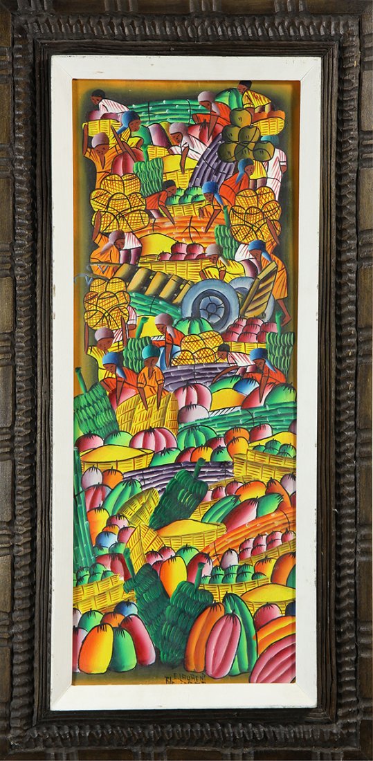 Painting, Haitian School (20th century): Haitian School (20th century), Market Scene with Figures, oil on canvas, signed "E. Laurent" lower center, overall (with frame): 30"h x 15.75"w