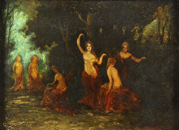 Painting, Angelo Monticelli: Angelo Monticelli (Italian, 1778-1837), Les Nymphs, oil on panel, signed lower right, panel: 9.75"h x 13"w, overall (with frame): 13.25"h x 16.5"w