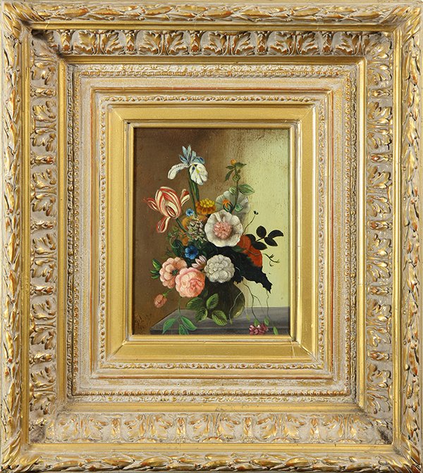 Painting, Dutch School (19th century): Dutch School (19th century), Still Life of Flowers, oil on panel, signed "P. Lutz" and dated indistinctly lower left, overall (with frame): 19"h x 17"w